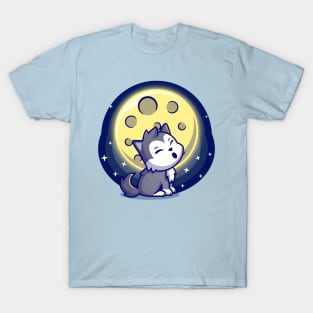 Cute Wolf Roar With Moon Cartoon T-Shirt